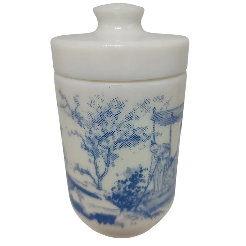 Vintage Belgium Milk Glass Japan Blue White Village Men‎ Women Boats with Lid